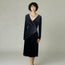 Tadashi Black Velvet Dress Below Knees Classic Faux Wrap Sz S Longsleeve