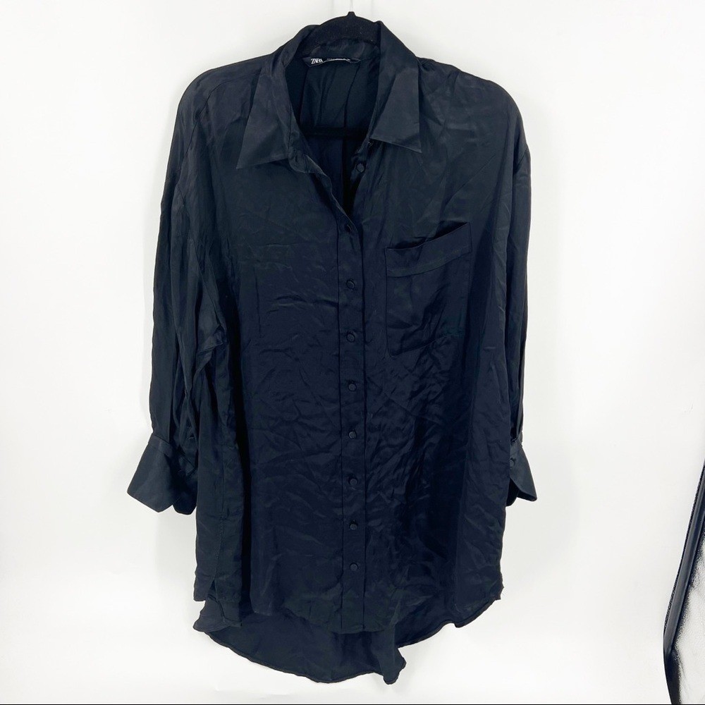 ✅ Zara Oversized Black Long Sleeve Viscose Button Front Tunic/Top Size Small