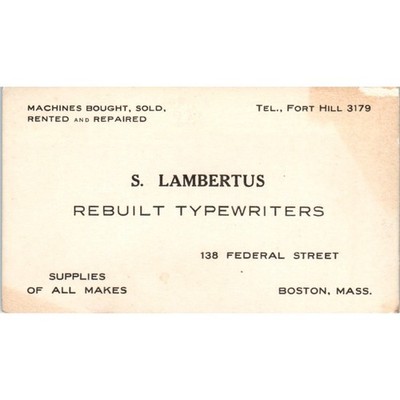S. Lambertus Rebuilt Typewriters Boston MA Vintage Business Card TK2-CC