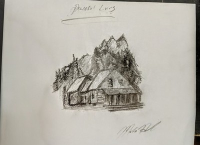 Original Freehand sketch drawing Titled ''Peaceful Living'' Signed By The Artist 