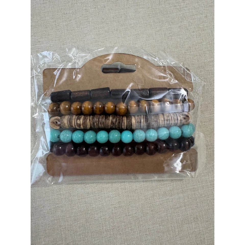 Men's 5 Piece Beaded Stretch Bracelet Set Wood Turquoise Brown Black New - Image 2 of 4