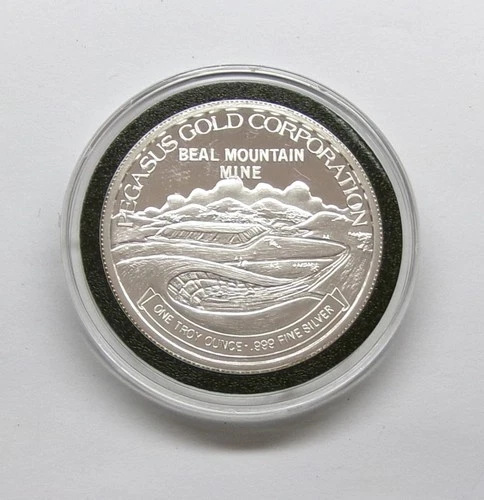 1989 Pegasus Gold Corp Beal Mountain Mine Montana 1 Oz .999 Silver Proof Round