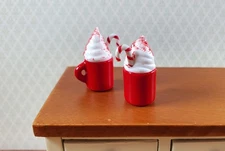 Dollhouse x2 Hot Cocoa Mugs with Candy Cane and Whip Cream LARGE Miniature