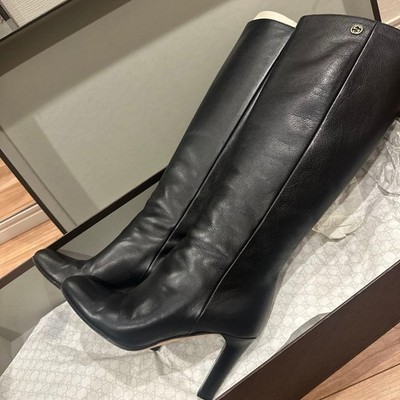 GUCCI Boots Heel Interlocking Leather Black Size EU36/US6 Good Condition From JP