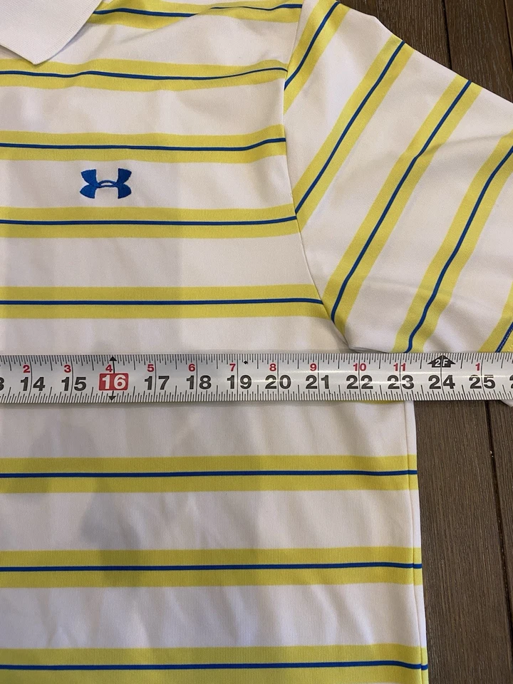 Under Armour Men's Golf Shirt XL Loose White With Yellow & Blue Stripes - Image 4 of 4
