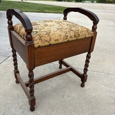 RARE Antique Edwardian Piano Bench Stool Tapestry Cushion Barley Twist Legs
