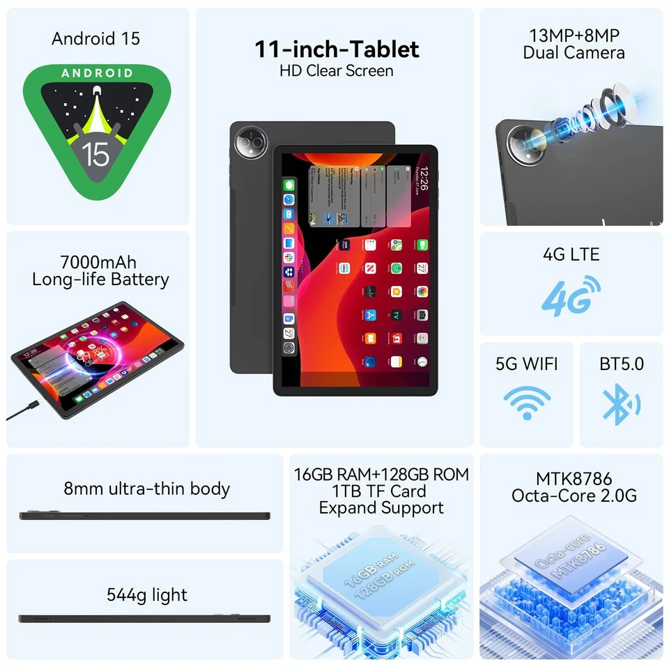 Tablet 11 inch Android 15 Tablet, 2025 Latest Update 128GB ROM 16GB RAM, 4G L... - Image 2 of 4