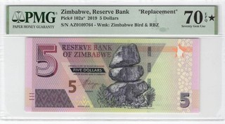 Zimbabwe 5 Dollars 2019 P 102a "Replacement" PMG 70 EPQ