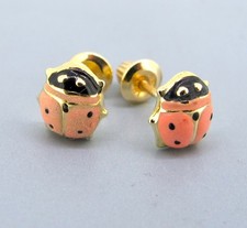14k Yellow Gold Black Pink Enamel LADYBUG Stud Earrings Screw Backs