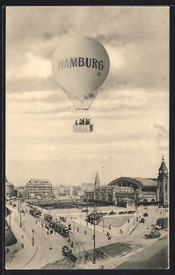 AK Hamburg-St.Georg, Ballon fliegt über Straßenbahnen und Bahnhof hinweg 