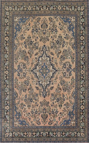 Hand-Knotted Peach Vintage Wool Carpet Traditional Area Rug 7x10 Ft Floral Rug