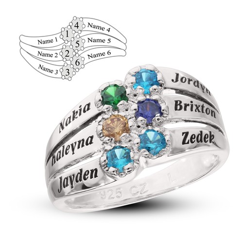 Personalised Sterling Silver Mother's Family Ring 6 Names and 6 Stone Birthstone - Picture 11 of 12