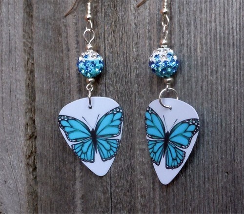 Aqua Blue Butterfly Guitar Pick Earrings with Blue Ombre Pave Beads - Picture 4 of 4