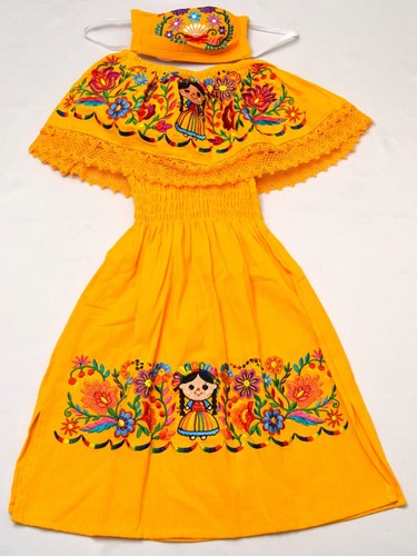 Vestidos Bordados Mexicanos Para Niña con Cubre Bocas Color Amarrillo Size  4 | eBay