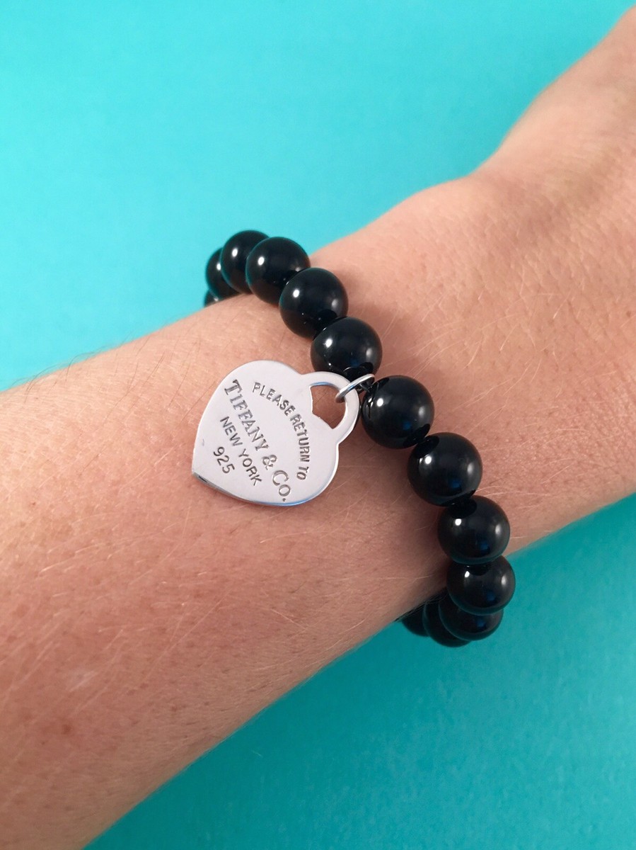 Tiffany & Co Silver Small Heart Tag Black Onyx Bead Bracelet Tiffany & Co Silver Small Heart Tag Black Onyx Bead Bracelet