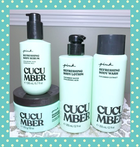 Victoria's Secret Pink CUCUMBER Refreshing Body Wash Lotion Serum Scrub 4pcs
