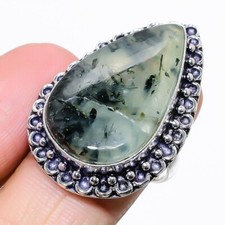 Natural Green Prehnite Gemstone 925 Sterling Silver Jewelry Ring Size 8 US 