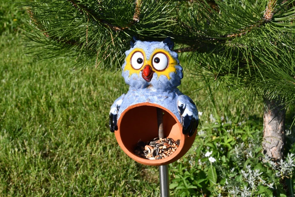 Cerámica Decoración Jardín, Búho Césped Estaca - Alimentador Pájaros Exterior Estatua H 19cm Foto 3 de 4