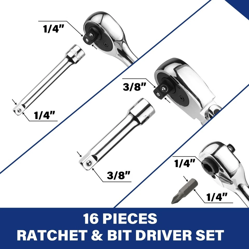WORKPRO Flex Head Stubby Ratchet Bit Driver Set 16PC 1/4" 3/8" Dr Ratchet Handle - Image 2 of 4