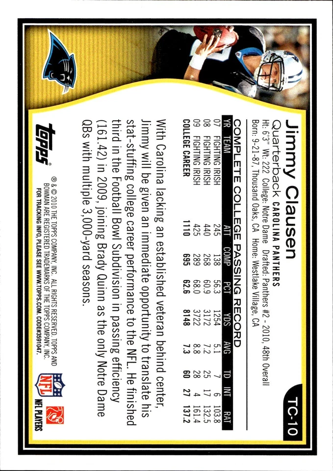 2010 Topps #TC-10 Jimmy Clausen Bowman Target Gold Near mint or better - Image 2 of 2
