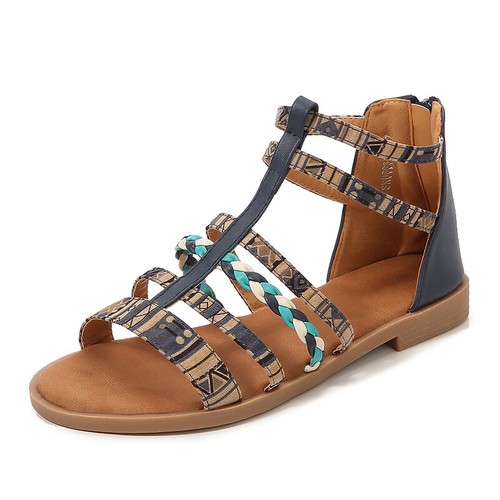 Boho Ethno-Stil Römer Damen offene Zehenpartie Reißverschluss Sandale flache Schuhe Sommer Größe - Bild 3 von 27