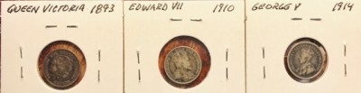 CANADA 3 Silver 5 Cents 3 Monarchs Victoria 1893, Edward VII 1910, George V 1914