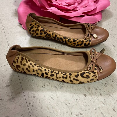 VIONIC Spark Minna Leopard Size 6.5 Ballet Flats Slip On Calf Hair Leather Tan