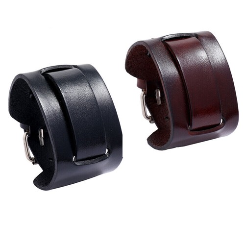 Men's Wide Leather Belt Wristband Bangle Cuff Punk Adjustable Bracelet - Afbeelding 6 van 6