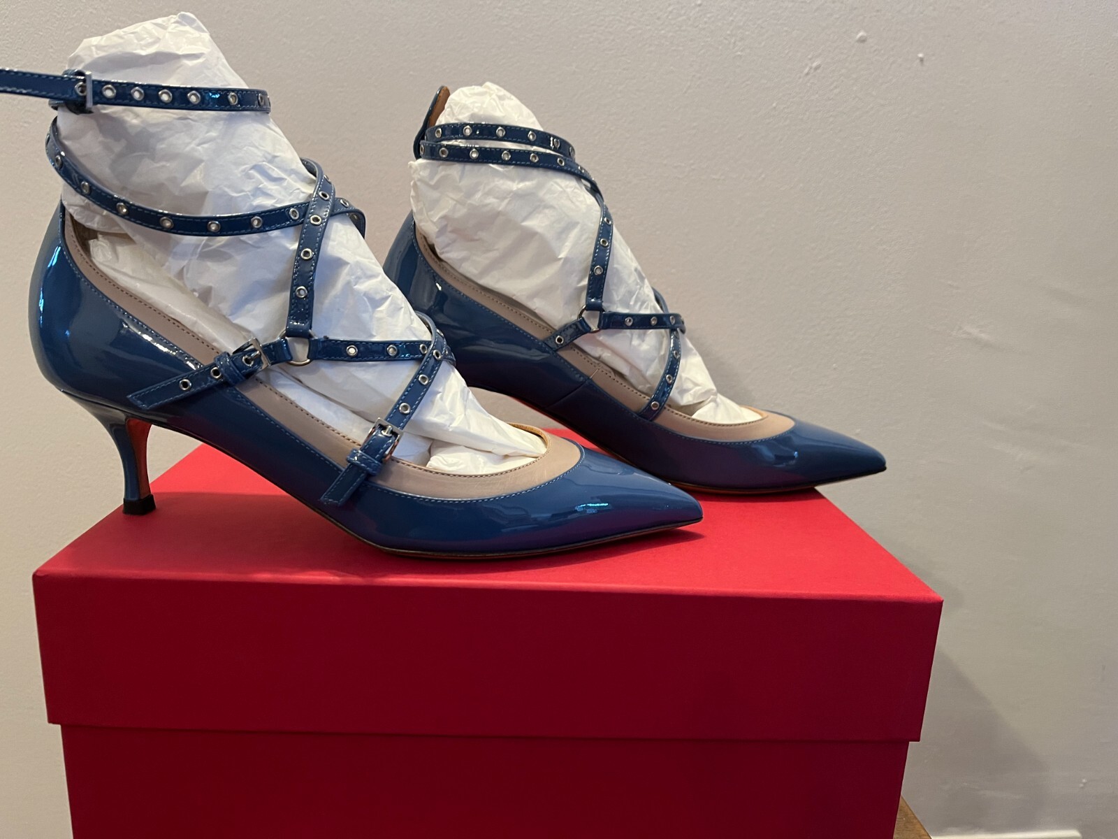 Valentino Garavani Blue Patent Leather Love Hatch 65 Pumps EU37 UK4
