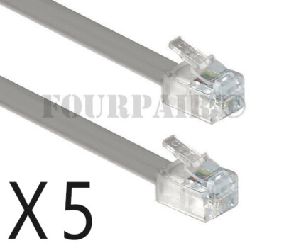 5 Pack Lot - 25ft Telephone Line Cord Cable 6P4C RJ11 DSL Modem Fax Phone Silver