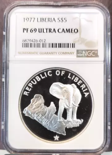 1977 LIBERIA SILVER 5 DOLLARS AFRICAN ELEPHANT NGC PF 69 ULTRA CAMEO TOP POP