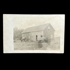 Barn Farm Machinery Equipment Man on Horse Early 1900s RPPC Photo Postcard