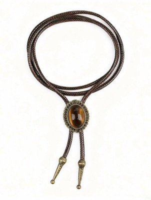 Men's Western Bolo Tie Brown Leather Adjustable Oval Tiger's Eye Slide Metal