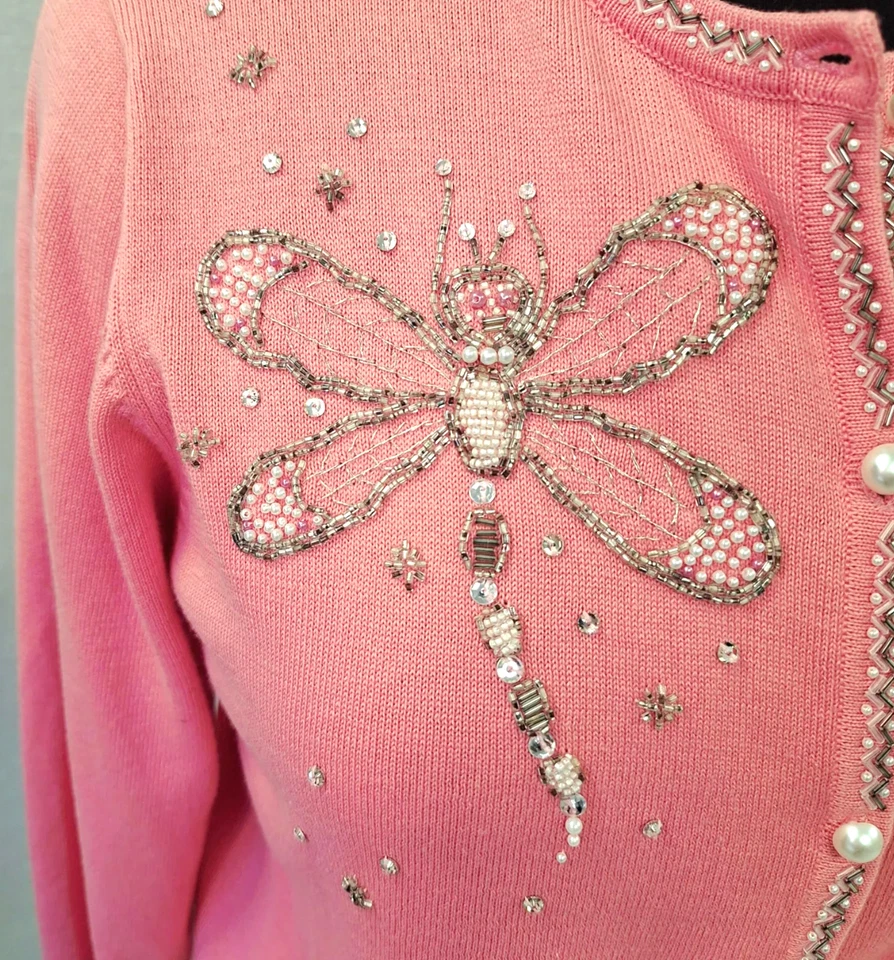 VTG Bob Mackie PINK SWEATER CARDIGAN Beaded Pearls DRAGONFLY Embroidered SZ L - Image 3 of 4