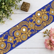 Miroir brodé sanskriti 1 yd neuf dentelle bleue robe bordure couture artisanale