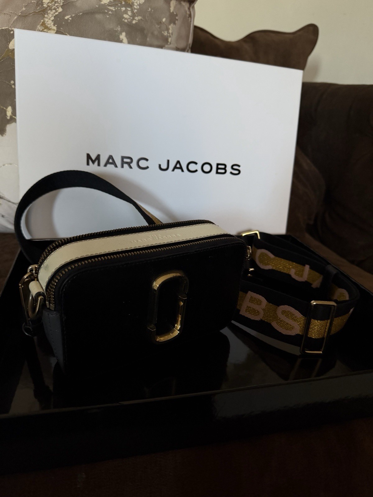 Marc Jacobs Snapshot Small Black White Crossbody Gold Hardware Logo Strap