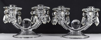 Vintage Pair Duncan Miller Teardrop Double Light Candle Holders Bobeche & Prisms