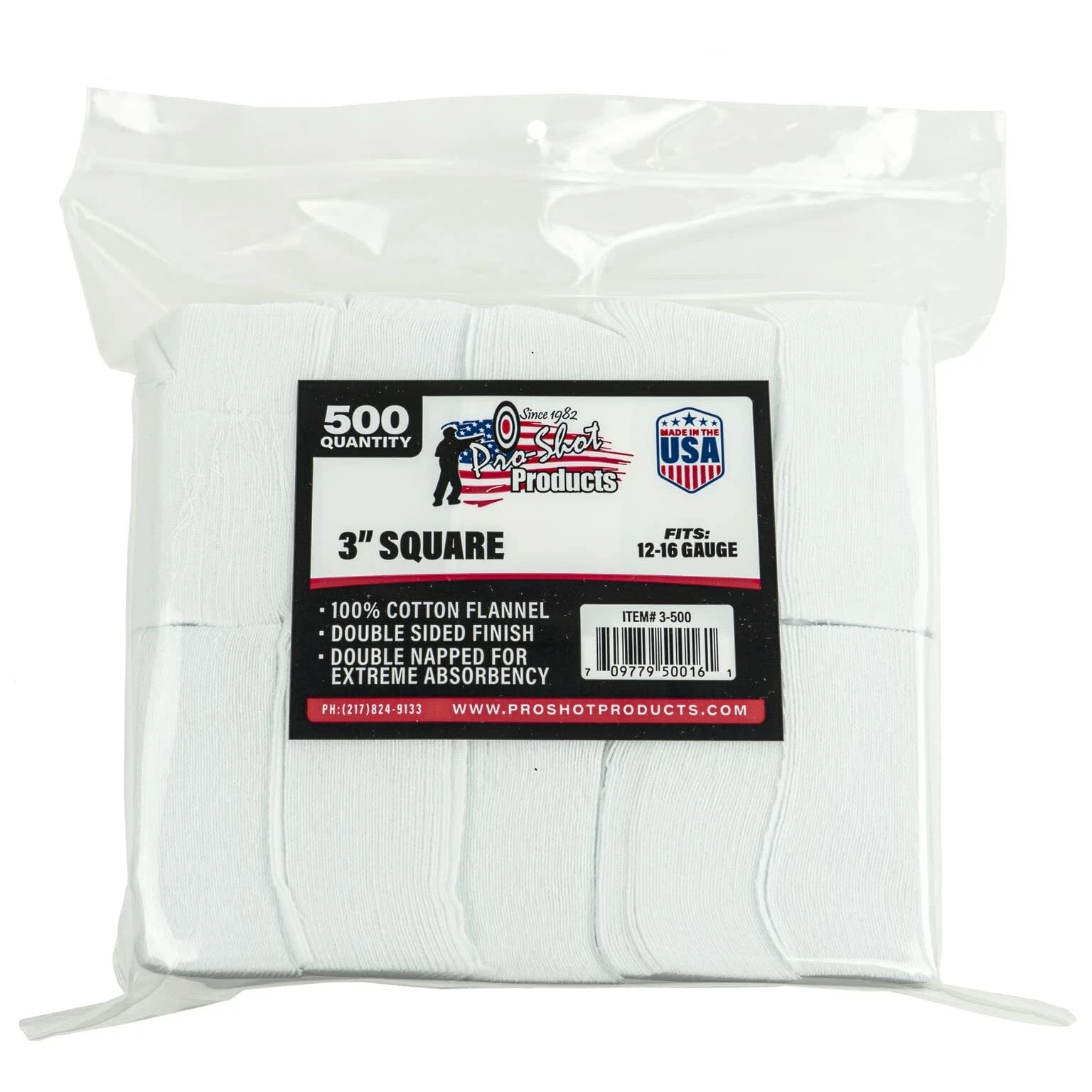 Pro Shot Gun Care Flannel Gun Cleaning 500 Count Patches 12-16- Gauge 3-Inch ...