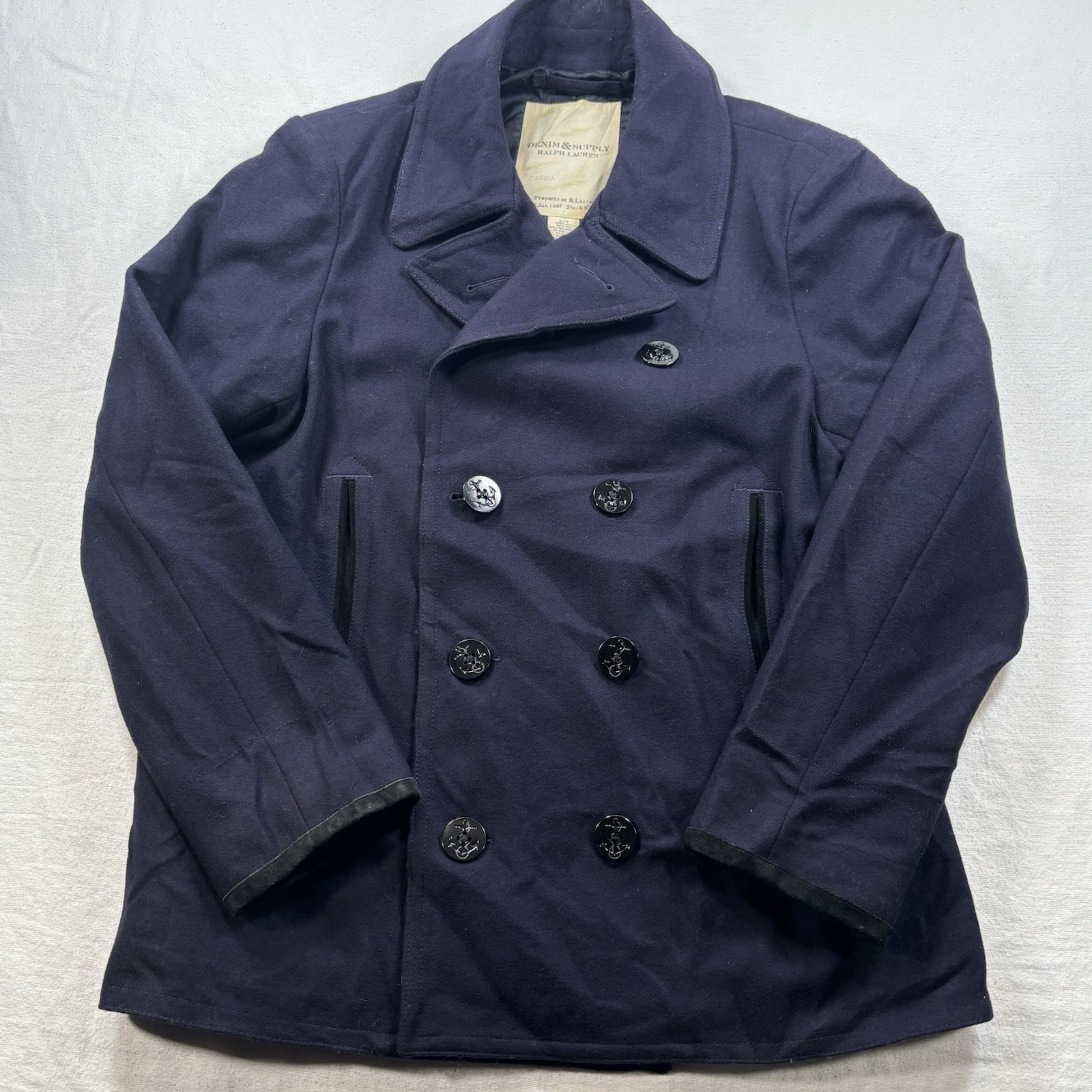 Denim Supply Ralph Lauren Men's Wool blend Navy Pea Coat Suede Trim XL