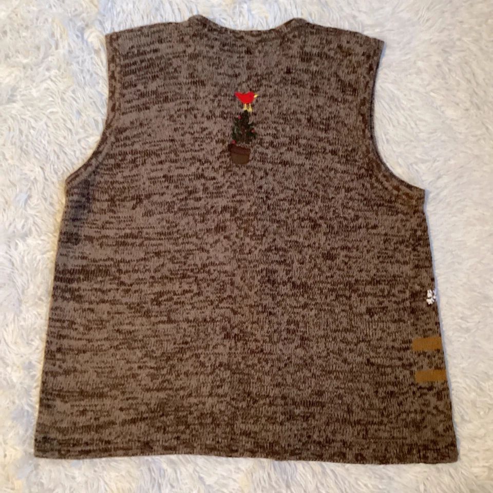 Chaleco Suéter Vintage Bobbie Brooks XL Cardinal Bird Marrón Navidad Polo Norte Foto 4 de 4