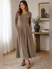 Vintage Moi Angel Long Sleeve Taupe Velour Maxi Dress Size L 80s 90s Retro