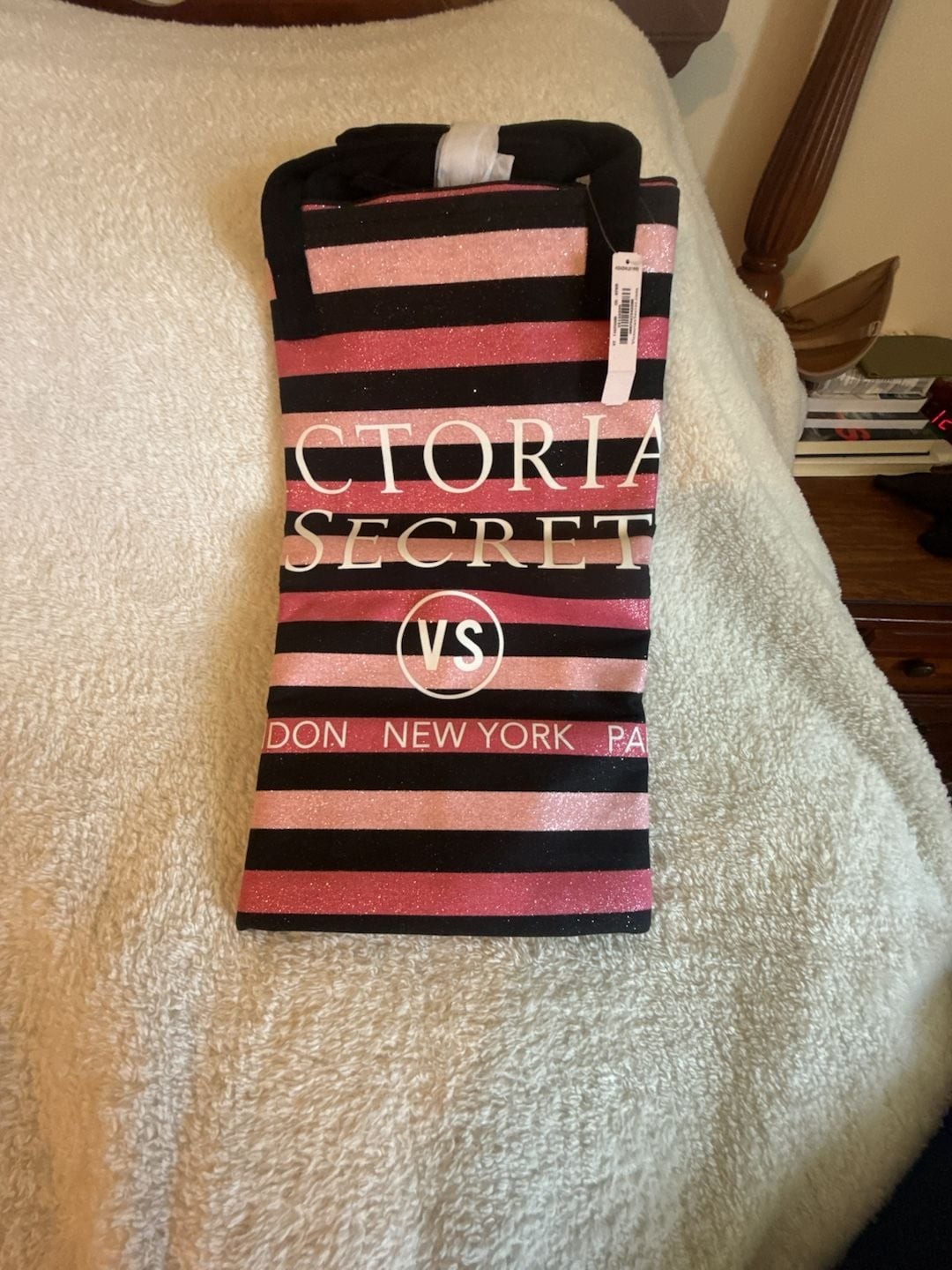 Victoria's Secret Black and Pink Glitter Stripe Canvas Tote Bag