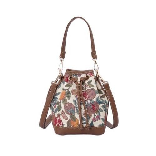 Womens Small Bucket Bag Cross Body Drawstring Close Travel Lemon Fruit Tapestry