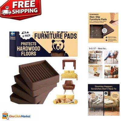 2x2 Non-Slip Furniture Pads for Hardwood & Vinyl - 4 Pack Brown Floor Protectors
