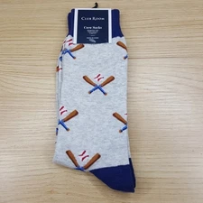 CLUB ROOM Crew Socks Mens Gray Baseball Bat Ball Cotton Blend One Size