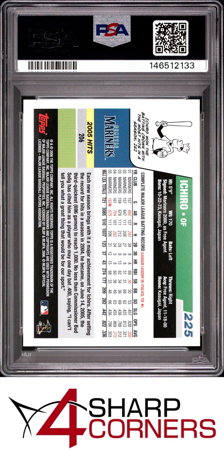 2006 TOPPS #225 ICHIRO SUZUKI MARINERS HOF PSA 10 view 2