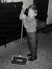 Vintage Photo Boy With Bissell Type Carpet Sweeper Mid Century Cleaning Scene