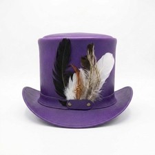 Purple Genuine Leather Top Hat with Feather Accent   Steampunk Victorian Costume