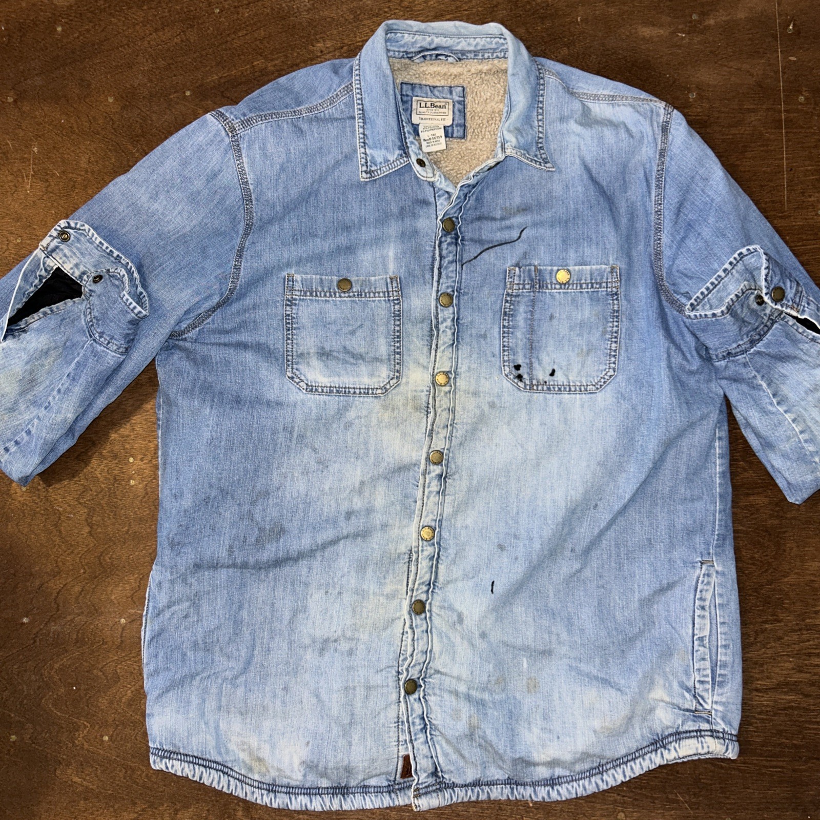 Men’s Large-Tall LL Bean Jean Denim Jacket Fleece Lined Distressed Chore Work LT image 9
