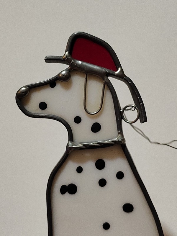 Vintage Sun Catcher Fire Fighter's Dalmatian Dog In Lead 5.5" Stained Glass Hang